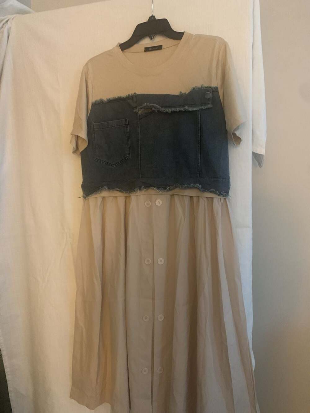 ILLord Beige T-Shirt and Pleated Button-Down Skirt Patchwork Denim Overlay Dress